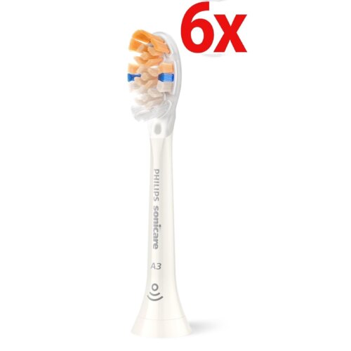 Biała końcówka do szczoteczki z kolorowymi włóknami, na której widnieje napis "Philips Sonicare A3" oraz symbol fal. W górnym rogu znajduje się czerwony napis "6x".