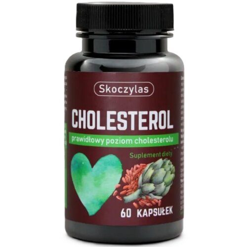 Czarne opakowanie suplementu diety z etykietą w kolorze bordowym, na której widnieje biały napis "Skoczylas CHOLESTEROL", zielony pasek z napisem "prawidłowy poziom cholesterolu", oraz ilustracje zielonego serca, karczocha i nasion. Na dole etykiety znajduje się biały napis "60 KAPSUŁEK".