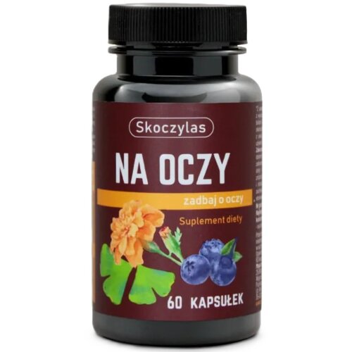 Czarne opakowanie z etykietą w odcieniach brązu i pomarańczu, na której widnieje napis "Skoczylas Na oczy zadbaj o oczy Suplement diety 60 kapsułek" oraz ilustracje kwiatów i jagód.