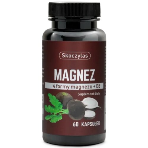 Czarne opakowanie suplementu diety z etykietą w kolorze bordowym, na której widnieje napis "Skoczylas MAGNEZ 4 formy magnezu + B6 Suplement diety 60 KAPSUŁEK". Na etykiecie znajdują się również ilustracje czarnej rzepy, liści oraz białych tabletek.