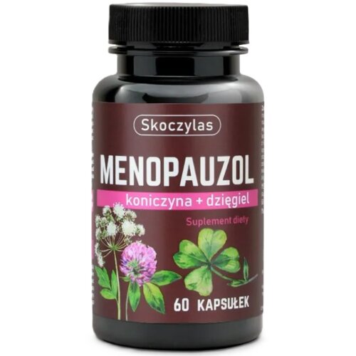 Ciemna butelka z etykietą zawierającą tekst: "Skoczylas MENOPAUZOL koniczyna + dzięgiel Suplement diety 60 kapsułek". Na etykiecie widoczne są ilustracje roślin, w tym koniczyny i dzięgla.
