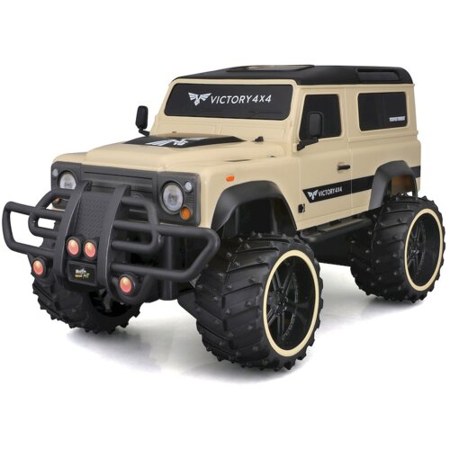 Zdalnie sterowany samochód terenowy w kolorze beżowym z dużymi, czarnymi oponami i napisem "VICTORY 4X4" na masce oraz boku pojazdu. Na przednim zderzaku widoczne jest logo "Maisto Tech R/C".