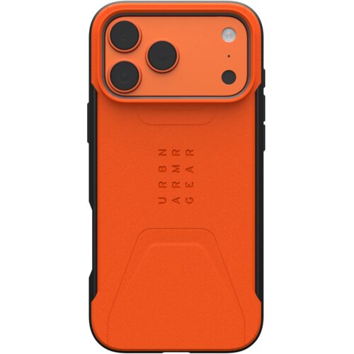 Pomarańczowe etui z trzema wycięciami na aparaty i jednym na lampę błyskową, z wytłoczonym napisem "URBN ARMR GEAR". Produkt ma wyraźne, geometryczne wzory na powierzchni.