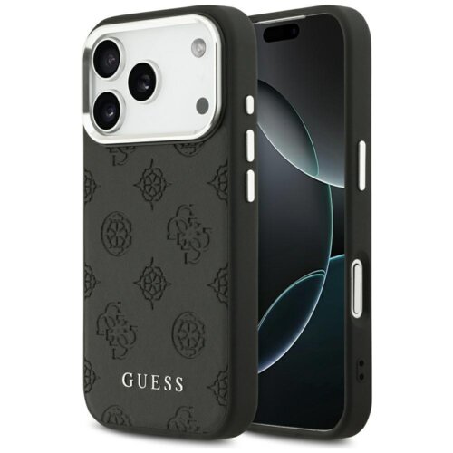 Czarne etui na telefon z wytłoczonym wzorem i napisem "GUESS" na dole. Etui jest dopasowane do modelu telefonu z trzema aparatami i posiada wycięcia na przyciski oraz porty.