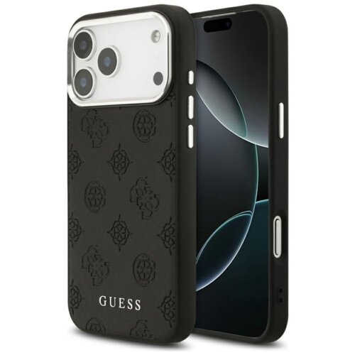 Czarne etui na telefon z wytłoczonym wzorem kwiatowym i napisem "GUESS" na dole. Etui jest przystosowane do modelu telefonu z trzema obiektywami aparatu.