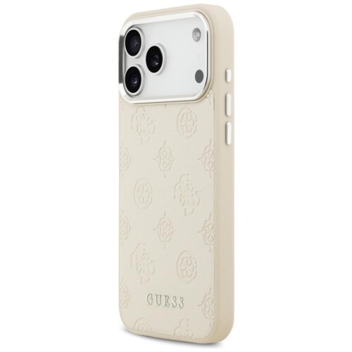 Beżowe etui na telefon z wytłoczonym wzorem kwiatowym i napisem "GUESS" na dole. Etui posiada wycięcia na aparat i przyciski, a jego powierzchnia jest gładka z delikatnym połyskiem.