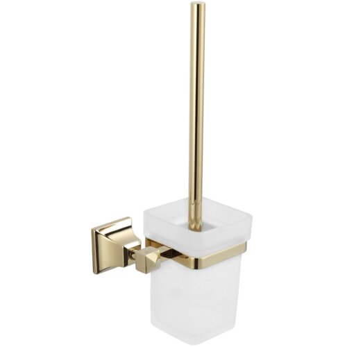 Złota szczotka toaletowa z prostokątnym uchwytem montażowym i białym pojemnikiem. Produkt ma elegancki, nowoczesny design.