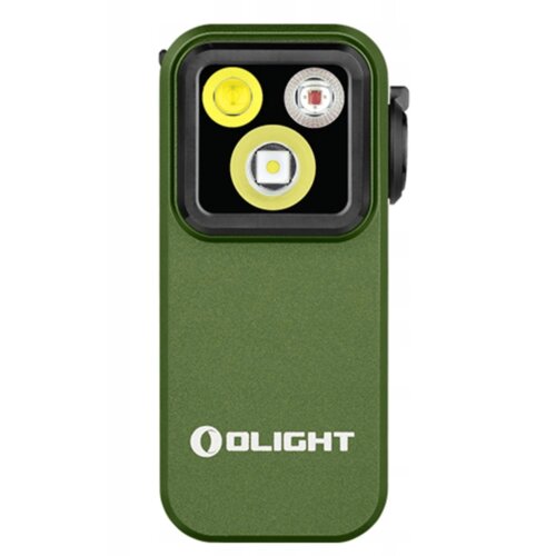 Zielona latarka z trzema widocznymi diodami LED na czarnym panelu, z logo "OLIGHT" umieszczonym poniżej.