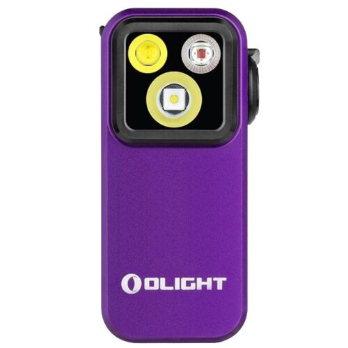 Fioletowa latarka z trzema widocznymi diodami LED na czarnym panelu, z białym logo "OLIGHT" na obudowie.