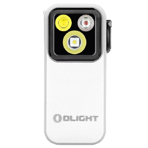 Biała latarka z trzema widocznymi diodami LED na czarnym tle, z logo "OLIGHT" umieszczonym poniżej.