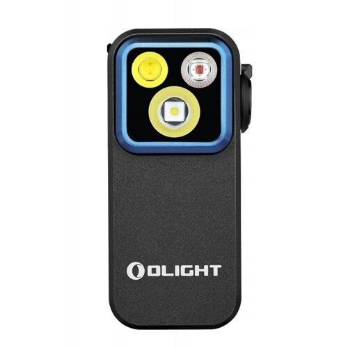 Czarna latarka z trzema widocznymi diodami LED w różnych kolorach, otoczona niebieską ramką. Na obudowie znajduje się logo "OLIGHT".