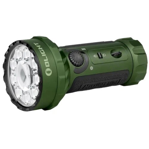 Zielona latarka z widocznymi dziewięcioma diodami LED na przodzie, posiada logo "OLIGHT" na obudowie. Na bocznej części znajdują się przyciski i pokrętło do regulacji, a także napis "Marauder Mini".
