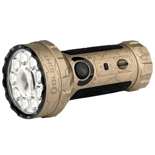 Latarka w kolorze piaskowym z widocznymi detalami, takimi jak wzory na obudowie i logo "OLIGHT". Na latarce znajdują się również symbole wskazujące na funkcje, takie jak przełącznik trybów oświetlenia.