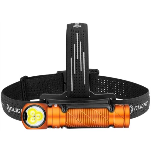 Na zdjęciu znajduje się pomarańczowa latarka czołowa z czarnym, regulowanym paskiem. Na pasku widoczne jest logo "OLIGHT".