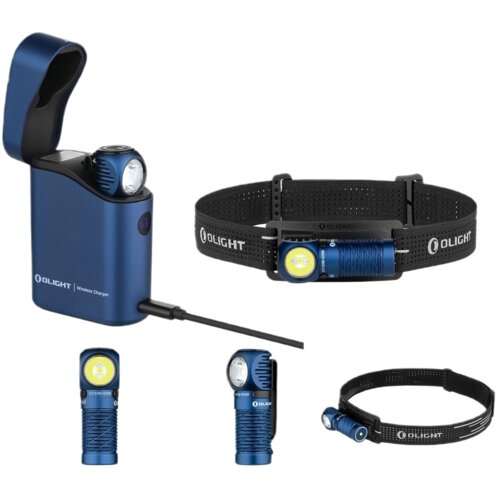 Na zdjęciu znajduje się niebieska latarka czołowa z napisem "OLIGHT" umieszczona w czarnym, perforowanym pasku oraz w stacji ładującej z napisem "OLIGHT Wireless Charger". Obok widoczne są różne ujęcia latarki, ukazujące jej szczegóły konstrukcyjne.