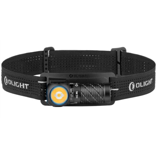Czarna latarka czołowa z elastycznym paskiem, na którym widnieje logo "OLIGHT". Latarka ma okrągłą, żółto-niebieską soczewkę i tekst "HCRI" na obudowie.