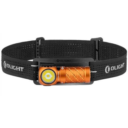 Na zdjęciu znajduje się pomarańczowa latarka czołowa zamocowana na czarnym, perforowanym pasku z widocznym logo "OLIGHT". Latarka ma okrągłą soczewkę i teksturowaną obudowę, a na pasku widnieje napis "OLIGHT".