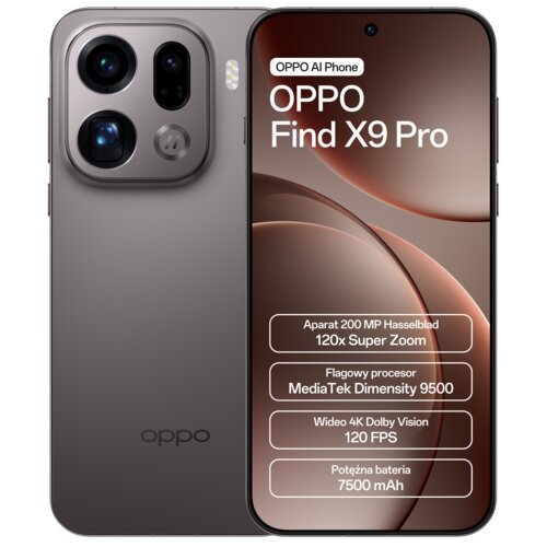 Na zdjęciu widoczny jest smartfon z dużym ekranem, na którym wyświetlane są informacje: "OPPO AI Phone OPPO Find X9 Pro", "Aparat 200 MP Hasselblad 120x Super Zoom", "Flagowy procesor MediaTek Dimensity 9500", "Wideo 4K Dolby Vision 120 FPS", "Potężna bateria 7500 mAh". Obok ekranu znajduje się tył urządzenia z widocznym logo "oppo" i modułem aparatu.