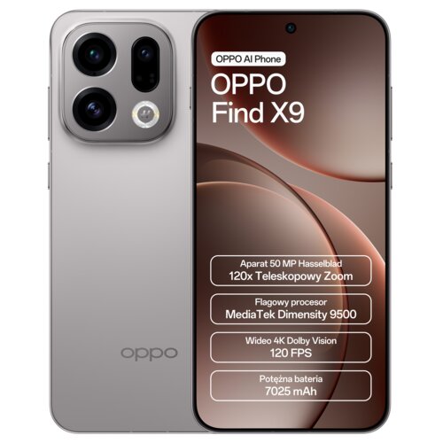 Na zdjęciu widoczny jest smartfon z dużym ekranem, na którym wyświetlane są informacje: "OPPO AI Phone OPPO Find X9", "Aparat 50 MP Hasselblad 120x Teleskopowy Zoom", "Flagowy procesor MediaTek Dimensity 9500", "Wideo 4K Dolby Vision 120 FPS", "Potężna bateria 7025 mAh". Obok ekranu znajduje się tył urządzenia z widocznym logo "oppo" i trzema obiektywami aparatu.