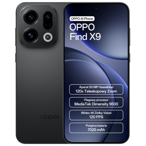 Smartfon OPPO Find X9 5G z czarną obudową, wyświetla na ekranie informacje: "OPPO AI Phone OPPO Find X9, Aparat 50 MP Hasselblad, 120x Teleskopowy Zoom, Flagowy procesor MediaTek Dimensity 9500, Wideo 4K Dolby Vision 120 FPS, Potężna bateria 7025 mAh".