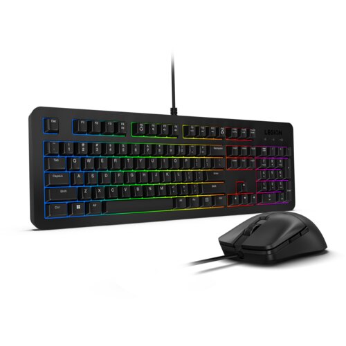 Na zdjęciu znajduje się klawiatura z podświetleniem RGB oraz mysz komputerowa. Na klawiaturze widoczny jest napis "LEGION".