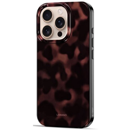 Brązowe etui na telefon z wzorem przypominającym cętki, z widocznymi trzema dużymi otworami na aparaty oraz napisem "LAMANO" na dole. Na boku etui znajduje się napis "TECH-PROTECT".