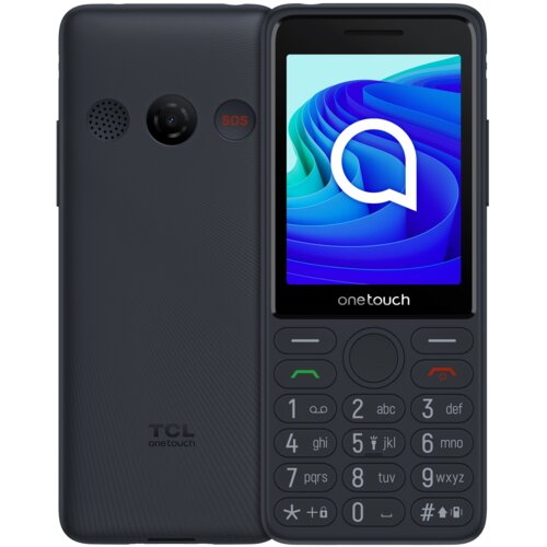Szary telefon komórkowy z kolorowym wyświetlaczem, na którym widnieje logo "onetouch", oraz klawiaturą numeryczną z przyciskami oznaczonymi cyframi i literami. Na tylnej obudowie znajduje się aparat, głośnik oraz przycisk z napisem "SOS", a także logo "TCL".