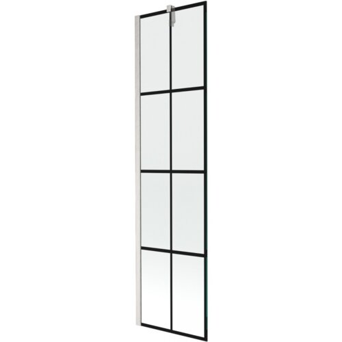Jednoskrzydłowy parawan nawannowy z czarną kratką i niklowanym szczotkowanym wykończeniem, o wymiarach 50 x 150 cm. Produkt ma prostokątny kształt z podziałem na osiem równych sekcji.