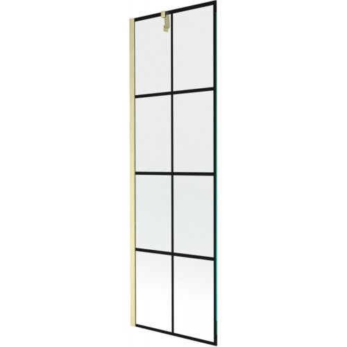 Jednoskrzydłowy parawan nawannowy o wymiarach 60 x 150 cm z czarną kratką i złotym szczotkowanym wykończeniem. Produkt ma prostokątną formę z podziałem na osiem równych sekcji.