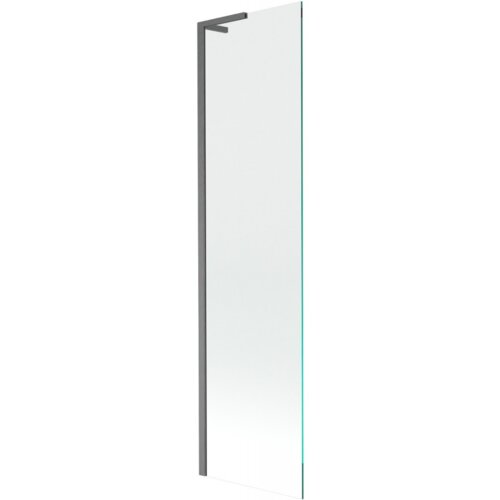 Przezroczysty parawan nawannowy o wymiarach 50 x 150 cm z jednoskrzydłową konstrukcją, wykończony w kolorze gun gray szczotkowanym. Produkt ma prostą, nowoczesną formę z metalowym profilem.