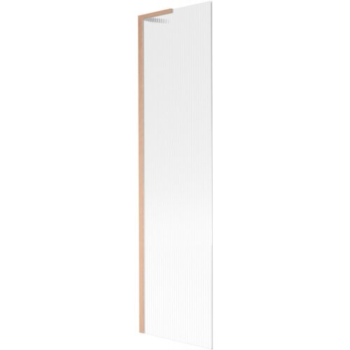 Przedstawiony jest parawan nawannowy o wymiarach 50 x 150 cm z prążkowaną powierzchnią i ramą w kolorze miedzi szczotkowanej. Produkt ma prostą, nowoczesną formę i jednolite wykończenie.