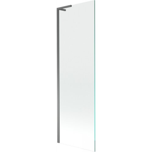 Przezroczysty parawan nawannowy z jednym skrzydłem, o wymiarach 60 x 150 cm, z metalowym wykończeniem w kolorze gun metal. Produkt jest prostokątny, z widocznym uchwytem na górze.