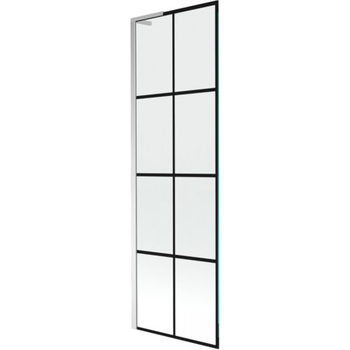 Przesłane zdjęcie przedstawia jednoskrzydłowy parawan nawannowy o wymiarach 60 x 150 cm z czarną kratką i chromowanymi elementami. Produkt ma prostokątny kształt i jest podzielony na osiem równych sekcji przez czarne linie.