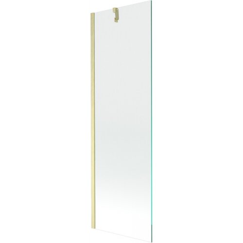Przezroczysty parawan nawannowy z jednym skrzydłem, o wymiarach 60 x 150 cm, z elementami w kolorze złotym szczotkowanym. Produkt ma prostą, elegancką formę z widocznym uchwytem montażowym.