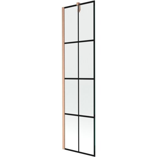 Jednoskrzydłowy parawan nawannowy o wymiarach 50 x 150 cm z czarną kratką i miedzianym szczotkowanym wykończeniem. Produkt ma prostokątny kształt z podziałem na osiem równych sekcji.