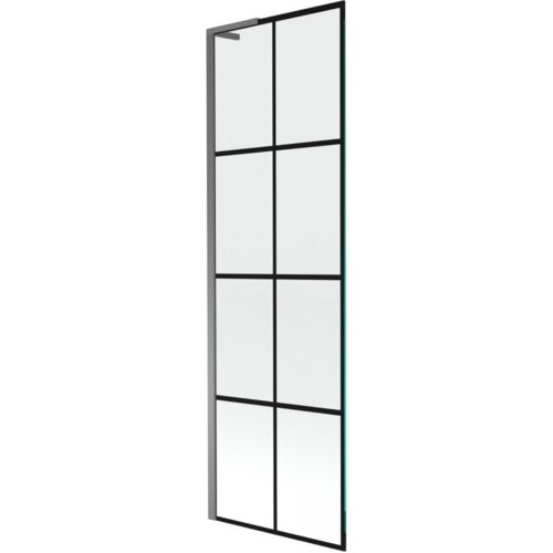 Przedstawiony jest parawan nawannowy z czarną kratką, wykonany z przezroczystego szkła, z metalową ramą w kolorze gun metal. Produkt ma prostokątny kształt i podzielony jest na osiem równych sekcji przez czarne linie.