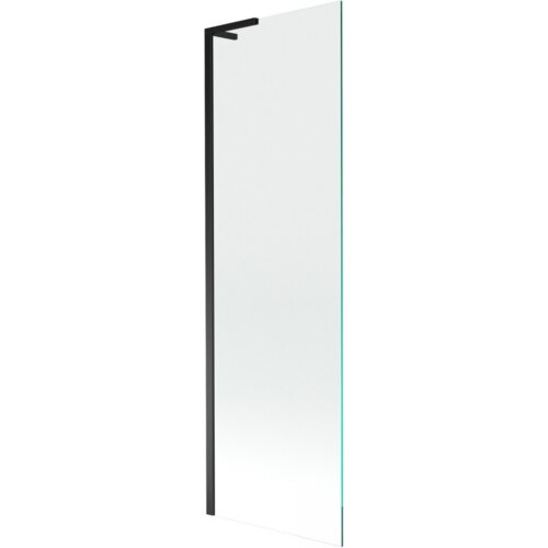 Przezroczysty parawan nawannowy z czarną ramą, o prostokątnym kształcie. Produkt ma minimalistyczny design i jest jednoskrzydłowy.