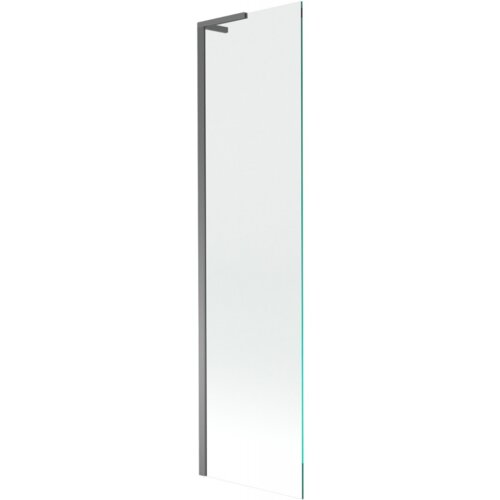 Przezroczysty parawan nawannowy o wymiarach 50 x 150 cm z metalowym wykończeniem w kolorze gun metal. Produkt jest jednoskrzydłowy i ma prostą, nowoczesną konstrukcję.