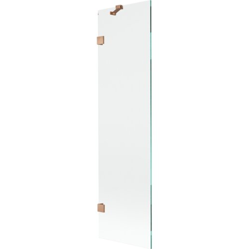 Przezroczysty parawan nawannowy z jednym skrzydłem, o wymiarach 50 x 150 cm, z miedzianymi, szczotkowanymi elementami mocującymi. Produkt jest prostokątny i wykonany z przezroczystego szkła.