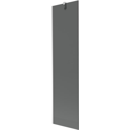 Grafitowy, jednoskrzydłowy parawan nawannowy o wymiarach 50 x 150 cm z chromowanymi elementami mocującymi. Produkt ma prostokątny kształt i gładką powierzchnię.