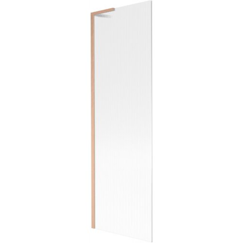 Przedstawiony jest parawan nawannowy o wymiarach 60 x 150 cm z prążkowanym szkłem i ramą w kolorze miedzi szczotkowanej. Produkt to "Mexen Next L parawan nawannowy 1-skrzydłowy 60 x 150 cm, prążki, miedź szczotkowana - 895-060-000-03-09-65".