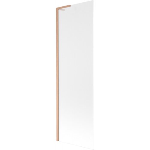 Przedstawiony jest prostokątny parawan nawannowy z przezroczystym szkłem i ramą w kolorze miedzi szczotkowanej. Produkt ma minimalistyczny design i jednolite wykończenie.