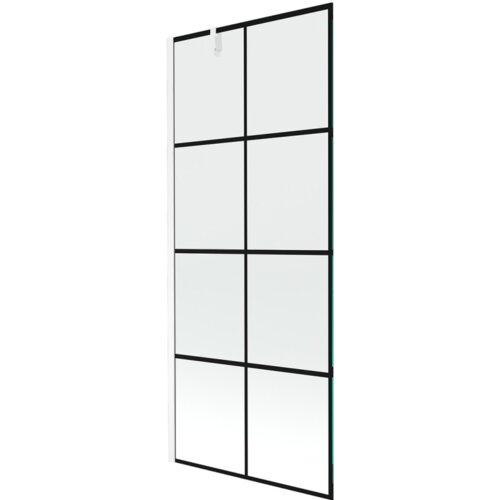Jednoskrzydłowy parawan nawannowy o wymiarach 80 x 150 cm z czarną kratką i białą ramą. Produkt ma prostokątny kształt i jest przeznaczony do montażu na wannie.