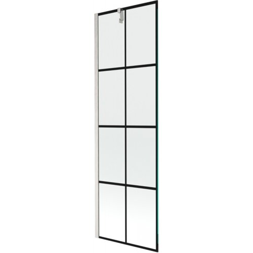 Szklany parawan nawannowy z czarną kratką, o wymiarach 60 x 150 cm, z niklowanym szczotkowanym wykończeniem i metalowym uchwytem na górze. Produkt ma prostokątny kształt i jest podzielony na osiem równych sekcji przez czarne linie.