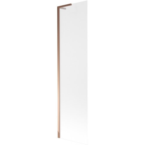 Na zdjęciu znajduje się jednoskrzydłowy parawan nawannowy o wymiarach 50 x 150 cm, wykonany z przezroczystego szkła z matowym wykończeniem i ramą w kolorze różowego złota. Produkt jest prosty w formie, z eleganckim, nowoczesnym designem.