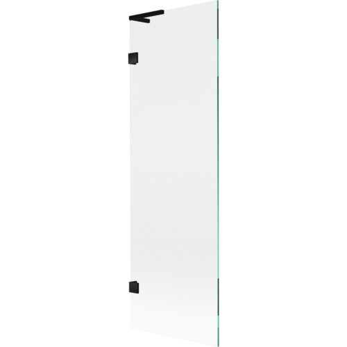 Przezroczysty parawan nawannowy z czarnymi elementami montażowymi, o prostokątnym kształcie. Produkt ma minimalistyczny design i jest wykonany z przezroczystego szkła.