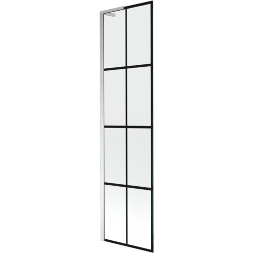 Jednoskrzydłowy parawan nawannowy o wymiarach 50 x 150 cm z czarną kratką i chromowanymi elementami. Produkt ma prostokątny kształt i jest wykonany ze szkła.