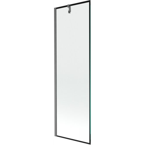 Na zdjęciu widoczny jest prostokątny, przezroczysty parawan nawannowy z czarną ramką i metalowym uchwytem na górze. Produkt ma minimalistyczny design i jednolitą powierzchnię szkła.