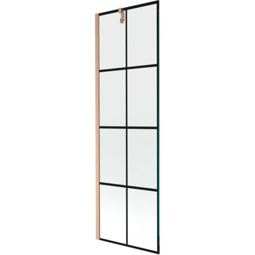 Przedstawiony jest parawan nawannowy z czarną kratką i miedzianym szczotkowanym wykończeniem. Produkt ma jednoskrzydłową konstrukcję o wymiarach 60 x 150 cm.