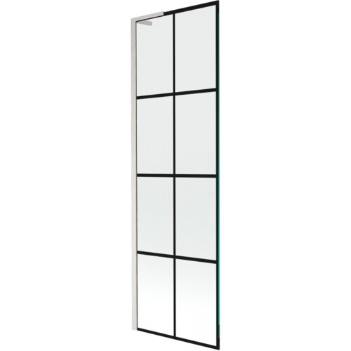 Jednoskrzydłowy parawan nawannowy o wymiarach 60 x 150 cm z czarną kratką i wykończeniem w kolorze niklu szczotkowanego. Produkt ma prostokątny kształt i jest podzielony na osiem równych sekcji przez czarne linie.